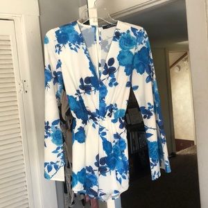 Blue and white floral long sleeve romper